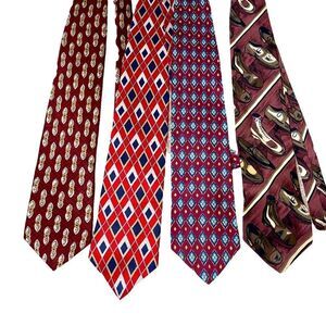 Set of 4 Men's Kenneth Cole silk neck ties in deep red color scheme no flaws